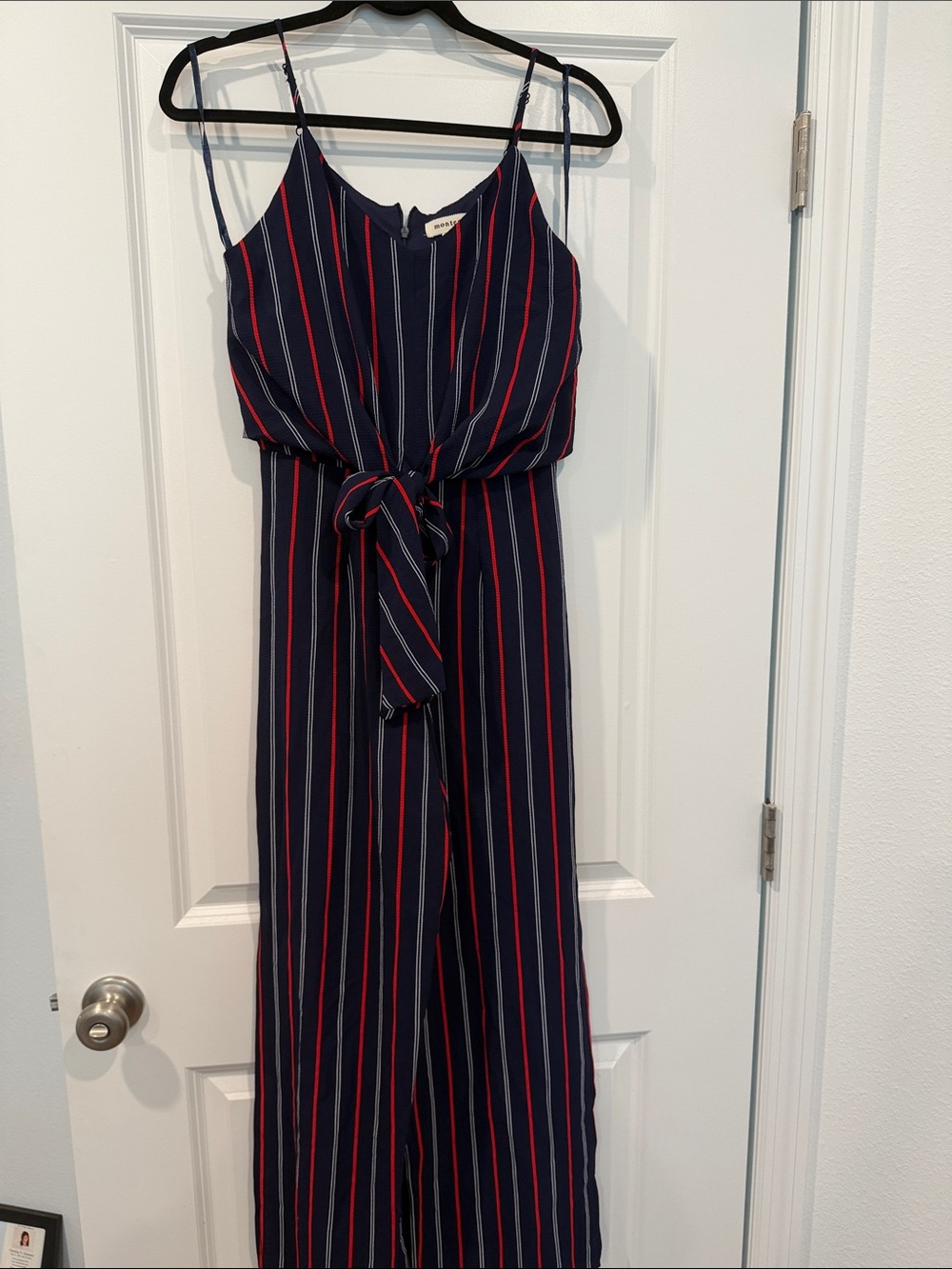Monteau Navy Striped Strapless Jumpsuit with Tie